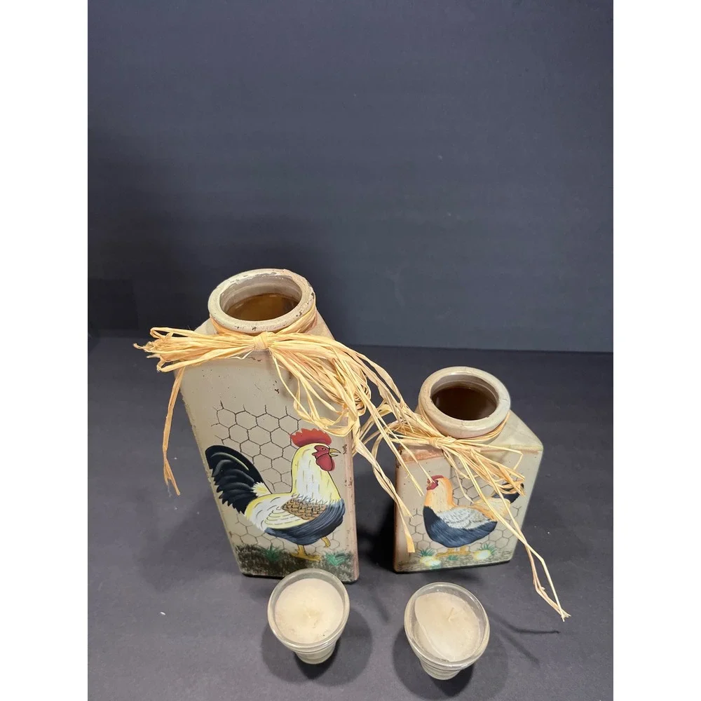 Vintage Farmhouse Rooster Ceramic Candle Holder Set Rustic Country Decor 2pc